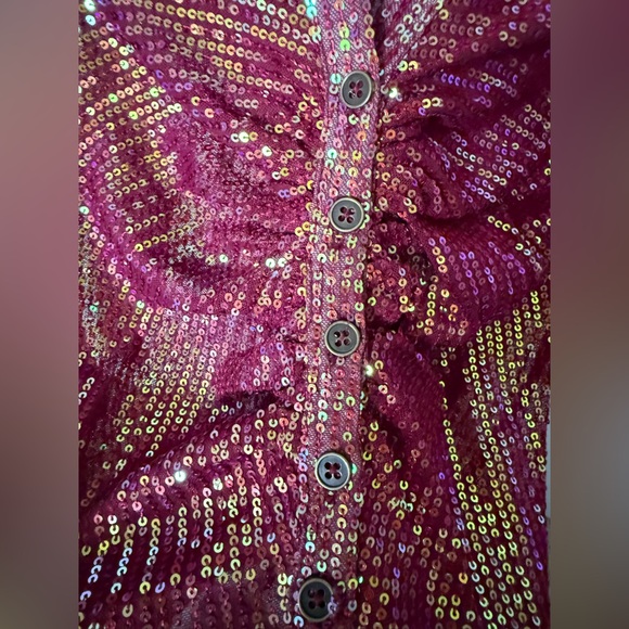 READ Free People Burgundy Sequin Button Down Shirt Top Sparkly Size XS - Picture 2 of 7